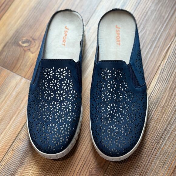 JSport Floral Mules woman’s sz 7M. Navy blue, floral cutout pattern. - Picture 1 of 7